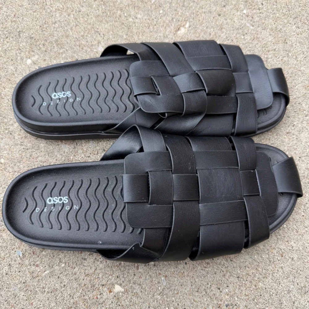 ASOS DESIGN Mens Black Woven Basketweave Slides Sandals US 12 EU 46 NEW